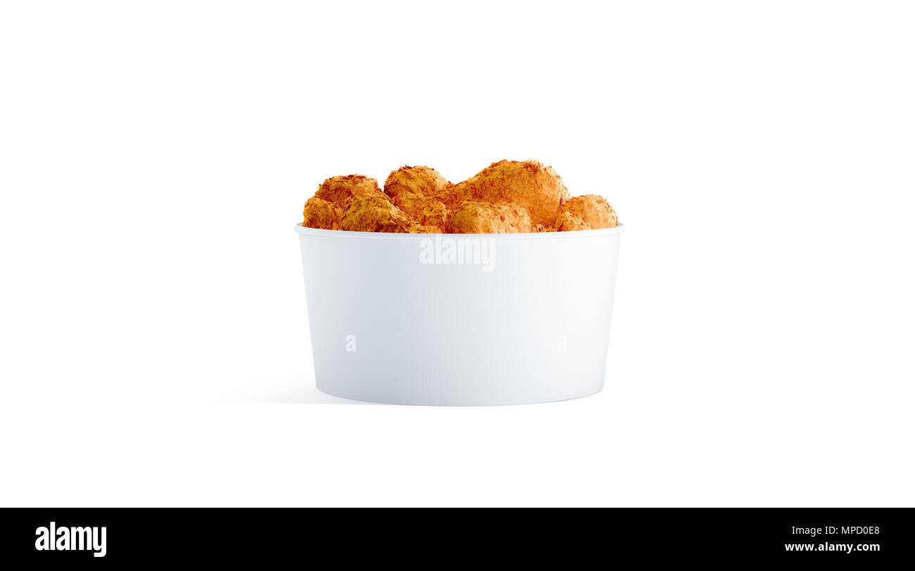 Blank white small food bucket with chicken wings mockup isolated, 3d rendering. Empty short pail fastfood front side view. Paper hen bucketful design  Stock Photo
