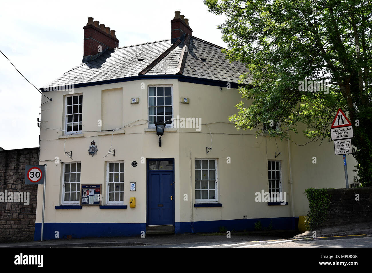 Pictures taken around the historic town of Usk in South Wales, showing the town square and clock,   River Usk,   Emporium in Bridge Street, police stn Stock Photo