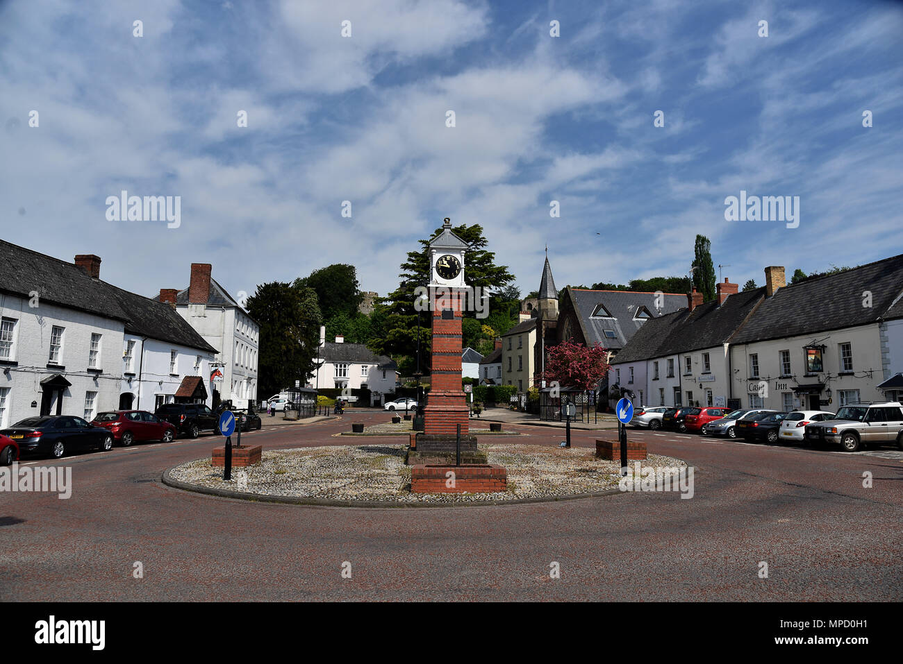 Pictures taken around the historic town of Usk in South Wales, showing the town square and clock,   River Usk,   Emporium in Bridge Street, police stn Stock Photo