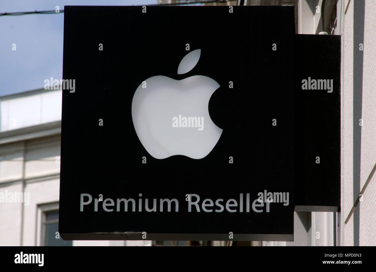 The Hague,netherlands-may 27, 2015: Sign at a wall of a premium reseller apple store in the hague, holland Stock Photo