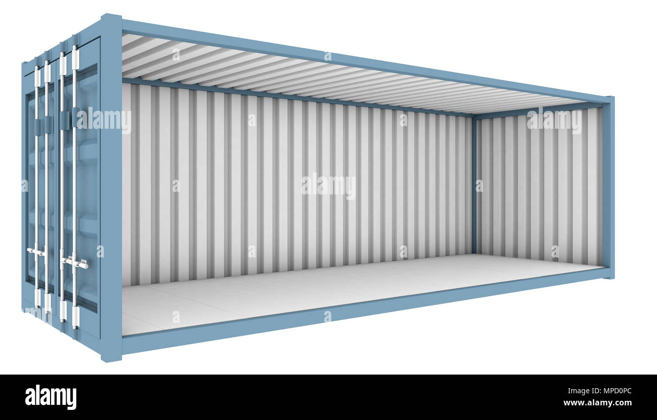 A blue shipping container with the whole side panel removed revealing an empty interior on an isolated white background - 3D render Stock Photo