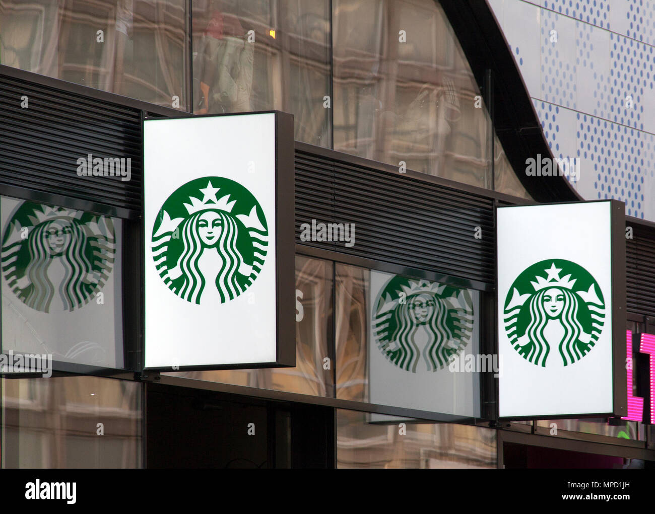 Amsterdam,The Netherlands-november 2,2015: logo of Starbucks. Starbucks Corporation is an international chain of coffee houses. Stock Photo