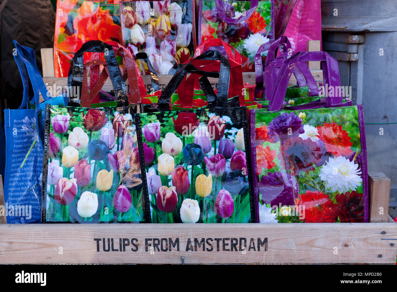 Amsterdam,The Netherlands-march 22,2015:Tulpen uit Amsterdam in a colorful bag at the flower market Stock Photo