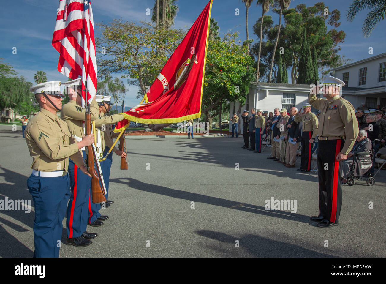 U.S. Marine Corps Maj. Gen. Daniel O’Donohue, 1st Marine Division commanding general, salutes during the 76th anniversary of 1st Marine Division on Marine Corps Base Camp Pendleton, Calif., Feb. 2, 2017. Veterans, active duty Marines and Sailors who served in the division over the years participated in the ceremony celebrating the oldest, largest, and most decorated division in the Marine Corps. (U.S. Marine Corps photo by Lance Cpl. Rhita Daniel) Stock Photo