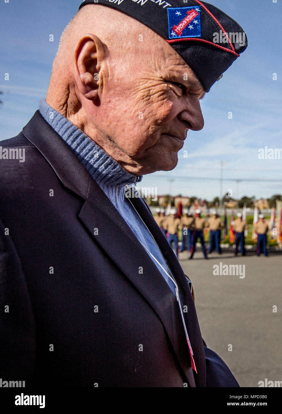 U.S. Marine Corps retired Col. James Williams attends the 76th anniversary of 1st Marine Division on Marine Corps Base Camp Pendleton, Calif., Feb. 2, 2017. Veterans, active duty Marines and Sailors who served in the division over the years participated in the ceremony celebrating the oldest, largest, and most decorated division in the Marine Corps. (U.S. Marine Corps photo by Lance Cpl. Rhita Daniel) Stock Photo