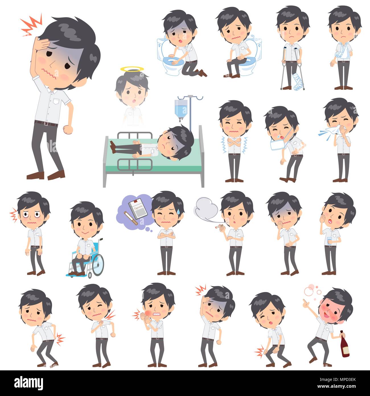 Set of various poses of White short sleeved shirt business men About the sickness Stock Vector