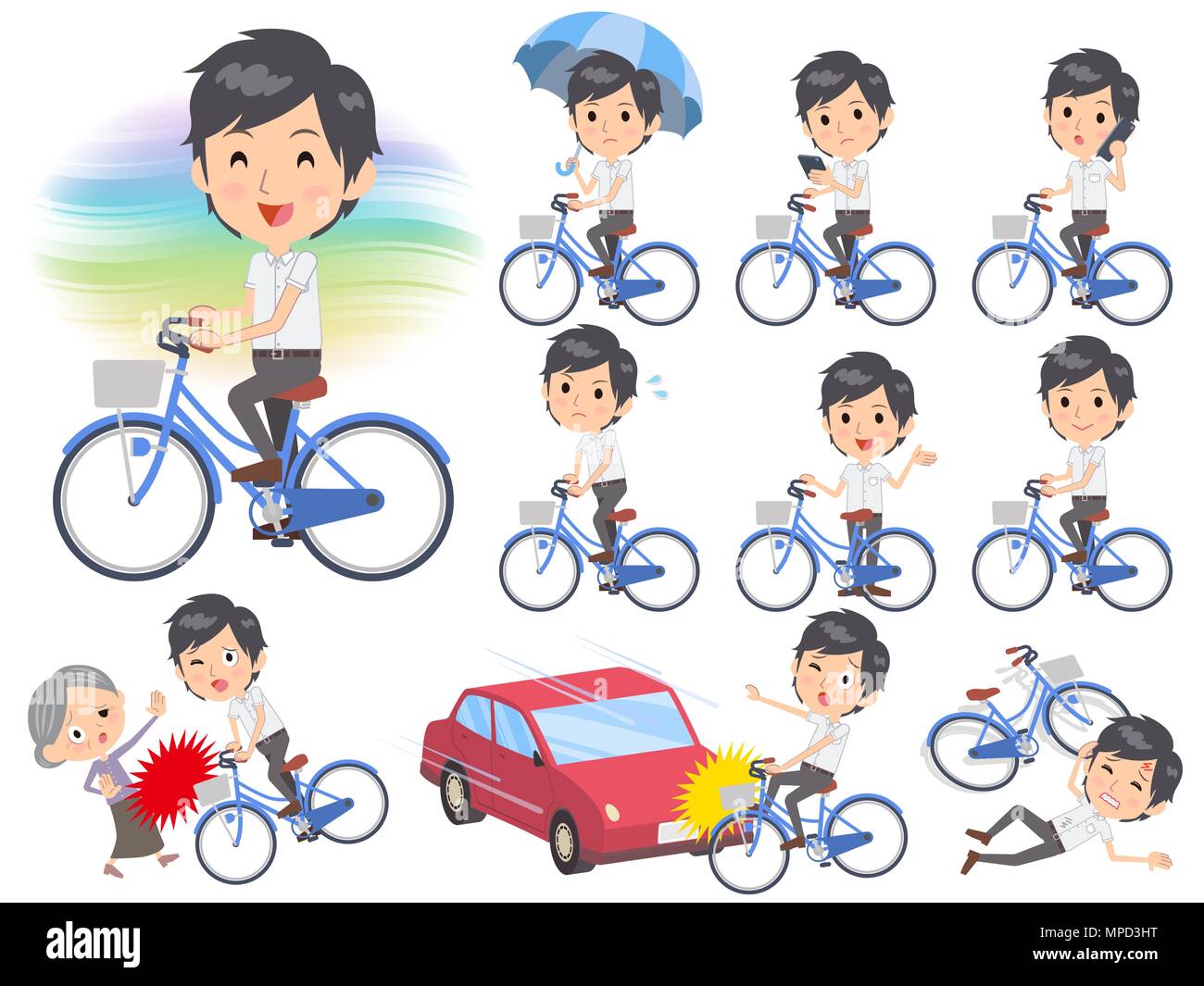 Set of various poses of White short sleeved shirt business men ride on city bicycle Stock Vector