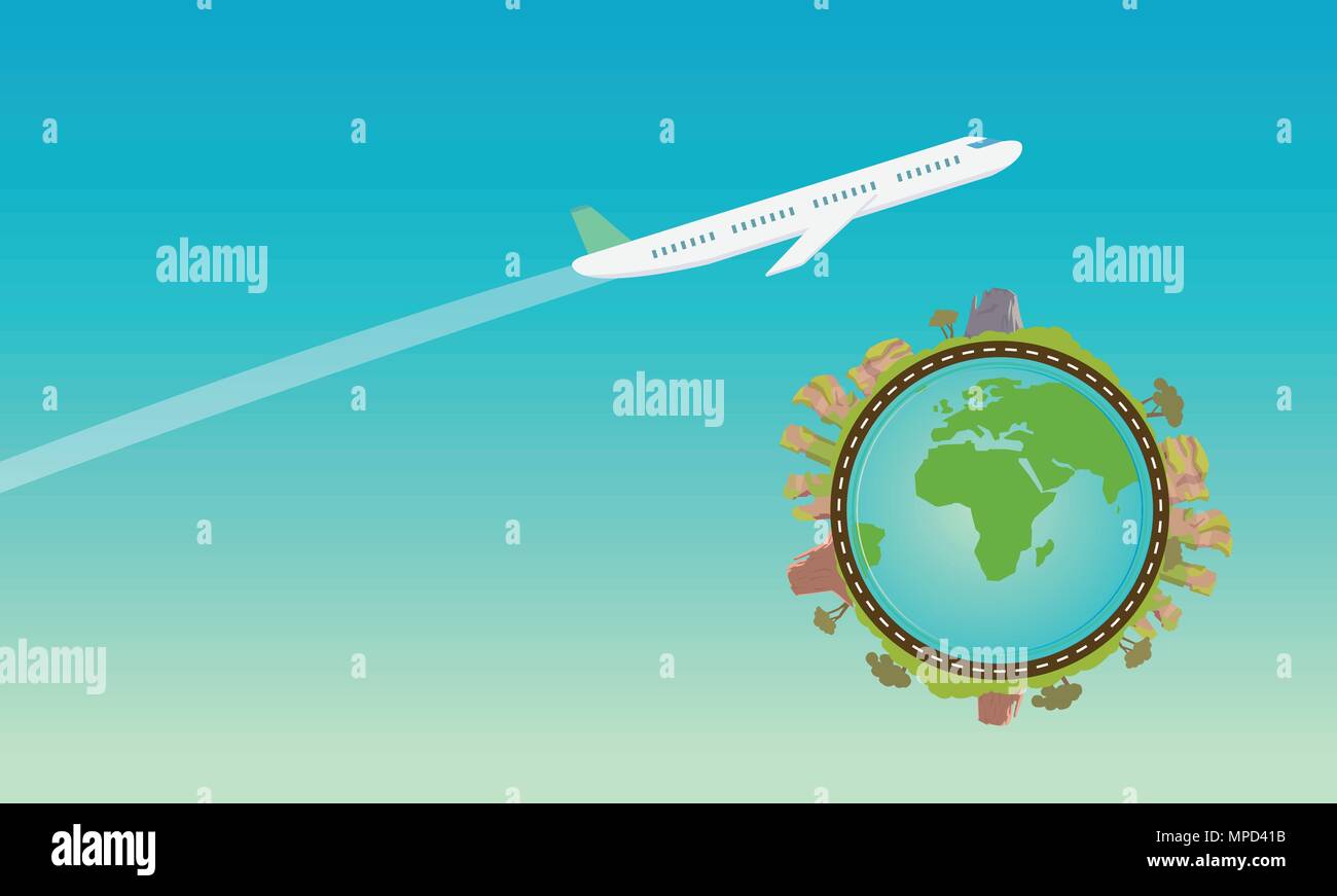 Plane Flying In Sky With Green Planet Vector Illustration