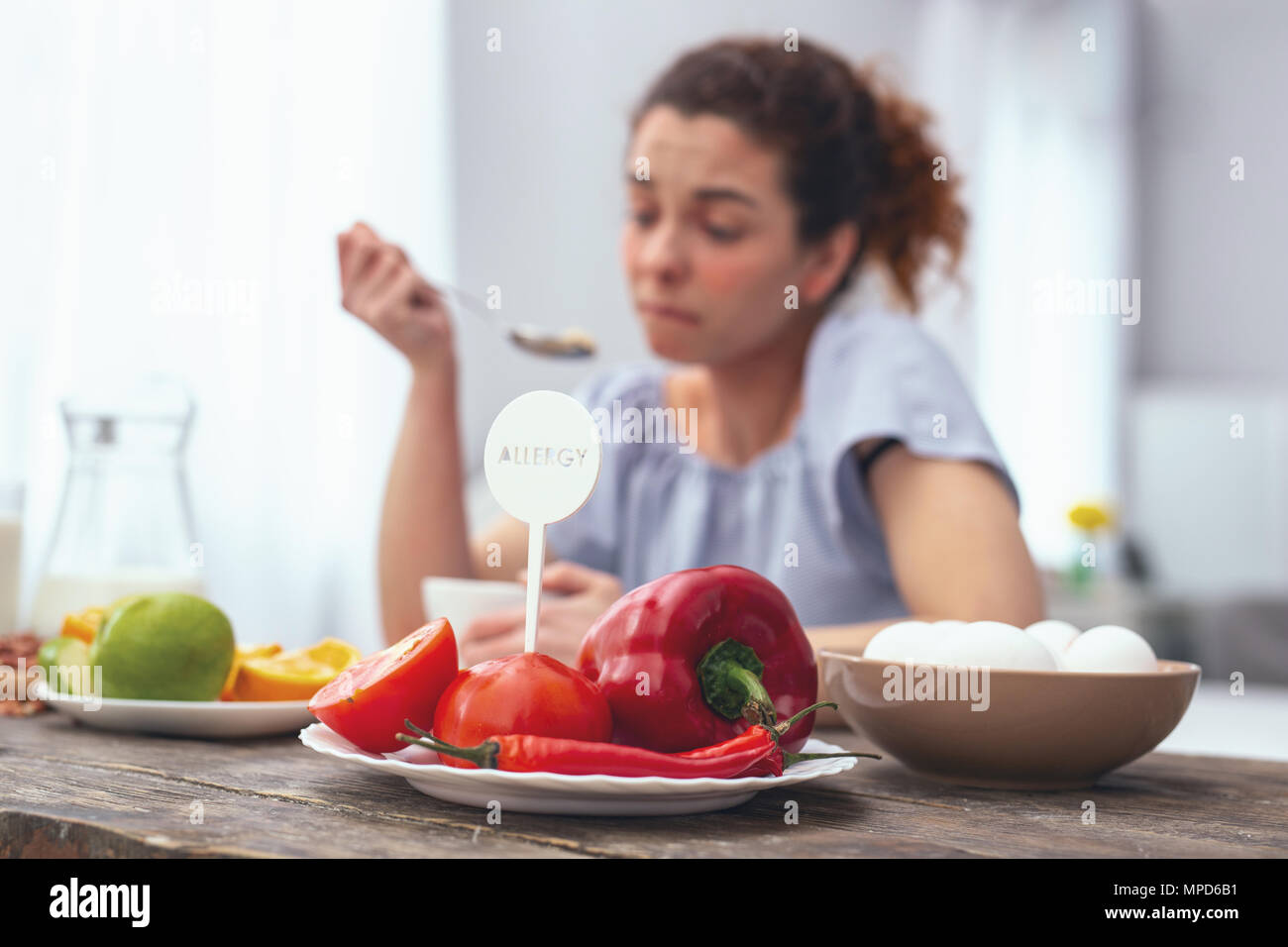 Young lady avoiding allergen products Stock Photo