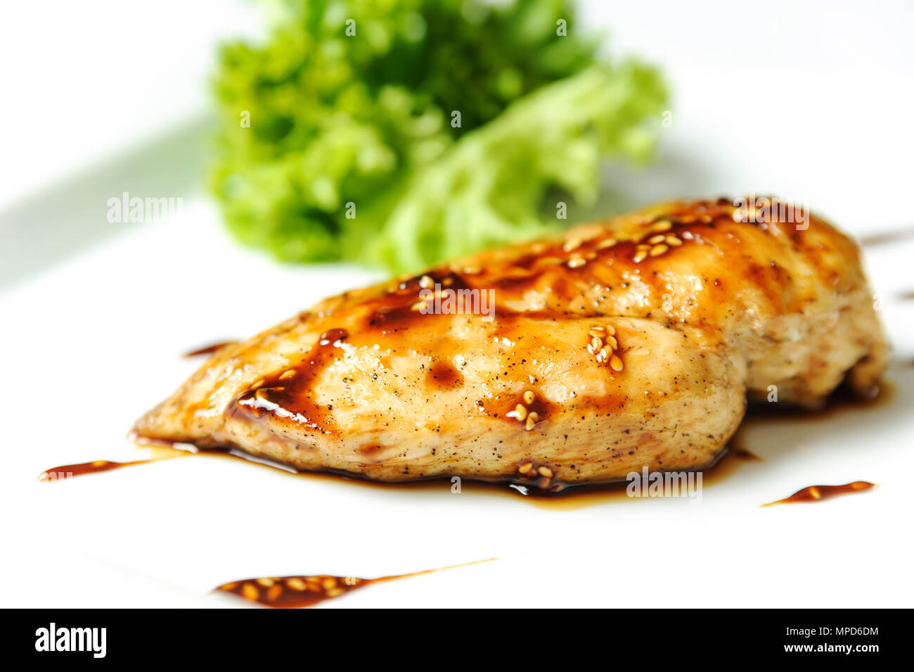 Chicken grilled steak with vegetables on a white plate Stock Photo Alamy