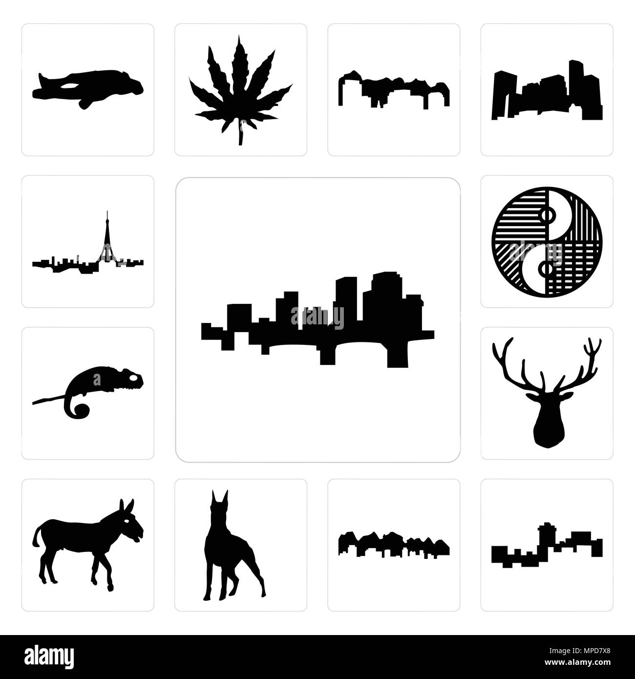 Set Of 13 simple editable icons such as arkansas, montana, utah, doberman, donkey, elk head, chameleon, yin yang, paris skyline can be used for mobile Stock Vector