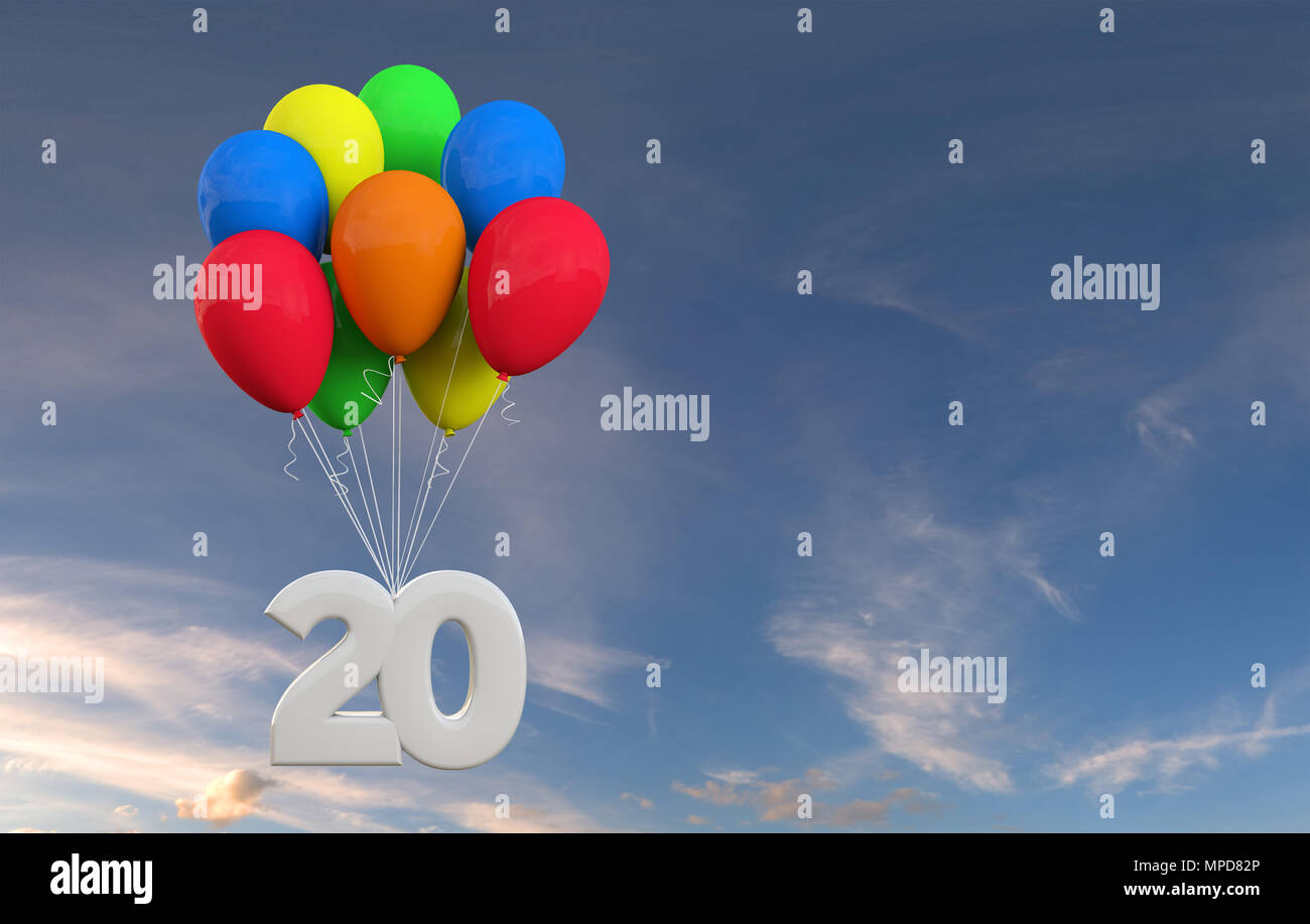 Number 20 party celebration. Number attached to a bunch of balloons. 3D Rendering Stock Photo