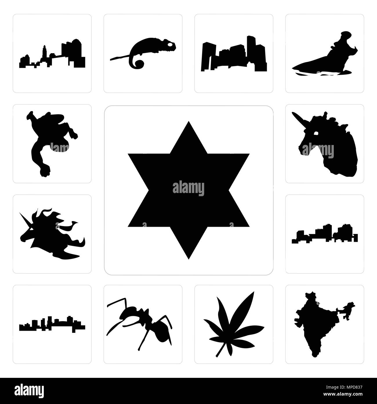 Set Of 13 simple editable icons such as star of david, india, marijuana leaf, ant, arkansas, louisiana outline on white background, unicorn head, chal Stock Vector