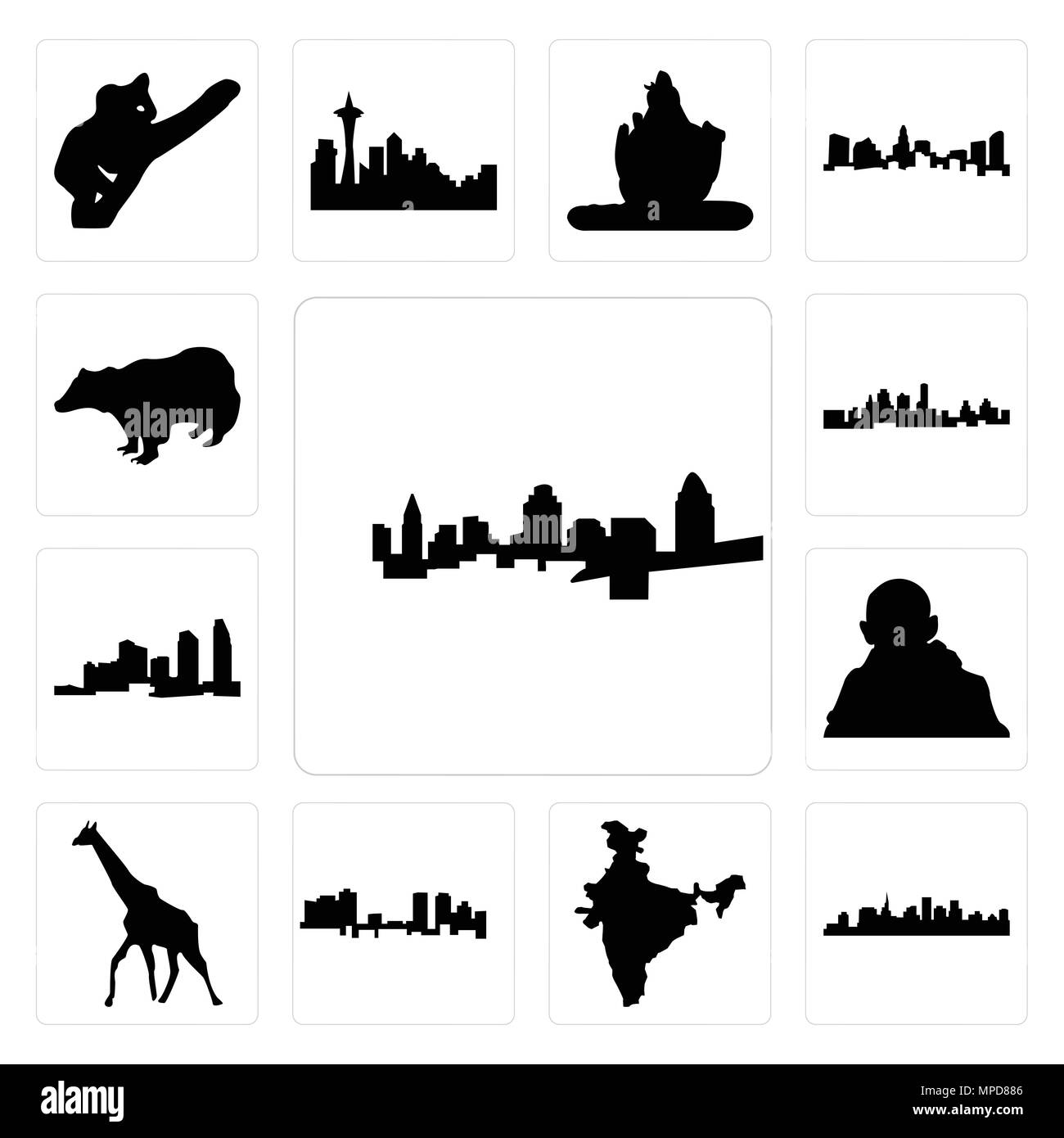 Set Of 13 simple editable icons such as cincinnati skyline, st paul skyline on white background, , india map, fort worth giraffe, gandhi, long island  Stock Vector