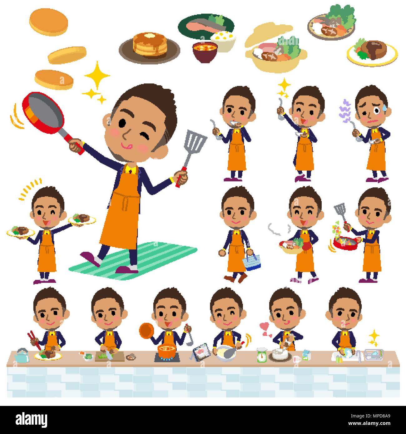 Set Of Various Poses Of Short Hair Businessman Black Cooking Stock