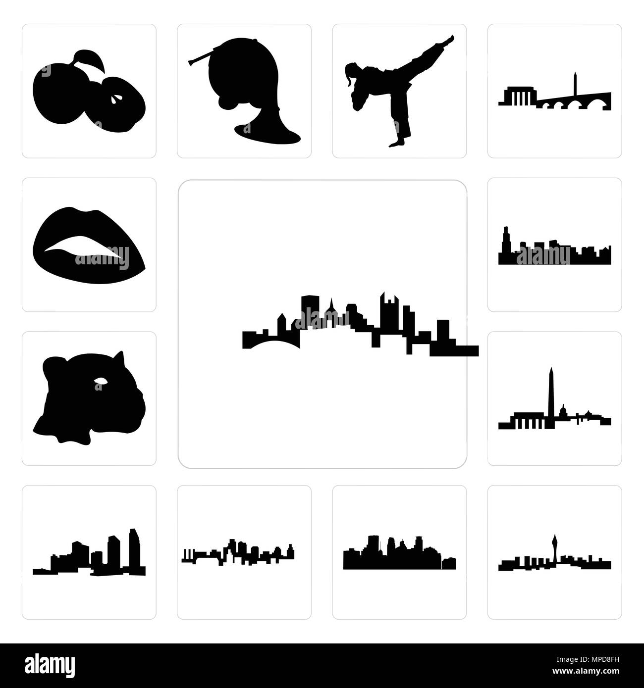 Set Of 13 simple editable icons such as pittsburgh skyline, las vegas minneapolis skyline on white background, , kansas city long island, dc can be us Stock Vector