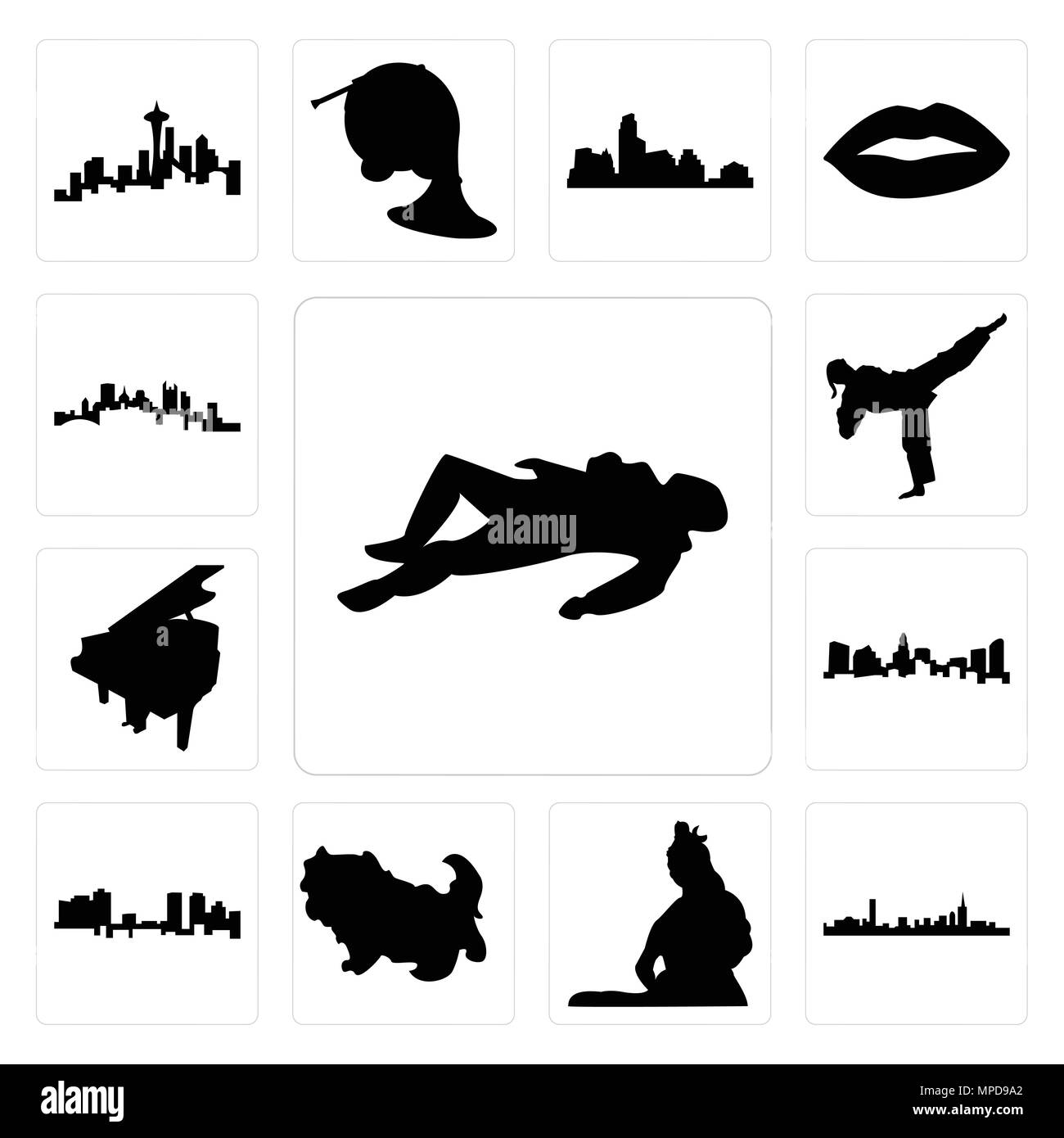 Set Of 13 simple editable icons such as crime scene body, boston skyline on white background, , lord shiva outline images shih tzu can be used for mob Stock Vector