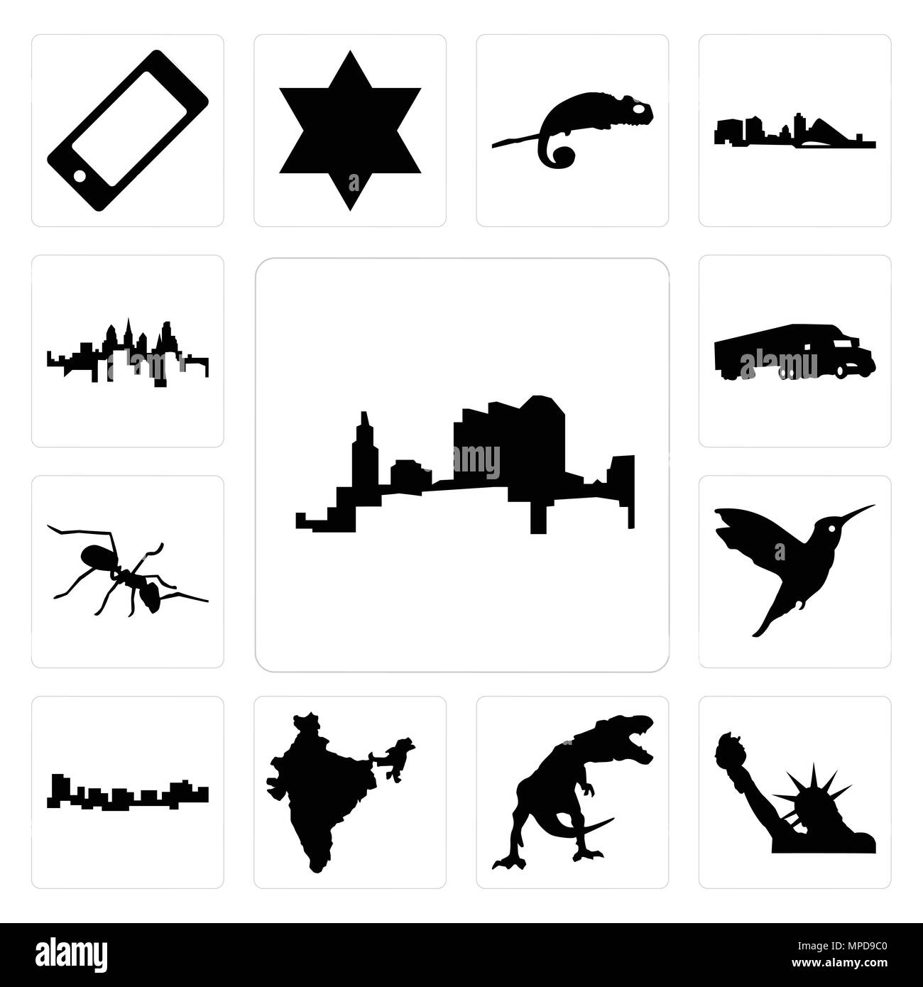 Set Of 13 simple editable icons such as ohio, statue of liberty, t rex, india, jamaica, hummingbird, ant, semi truck, pennsylvania state can be used f Stock Vector