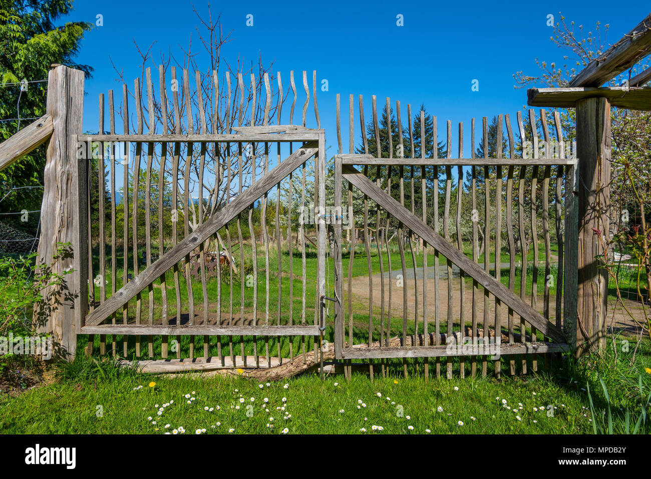 Hand-made garden gate, Hornby Island, BC, Canada. Stock Photo