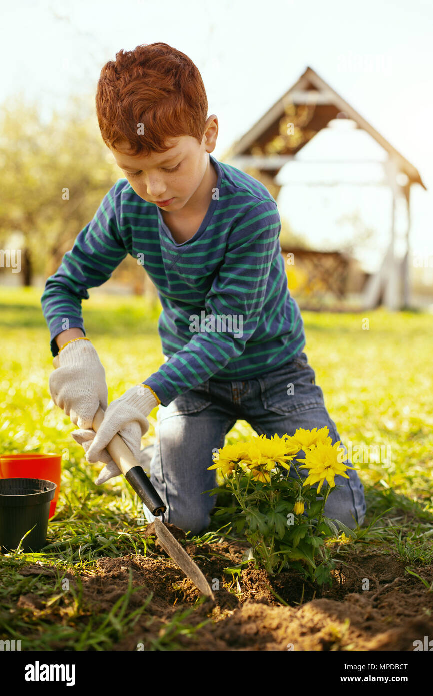 Cute red haired boy holding a spade Stock Photo - Alamy