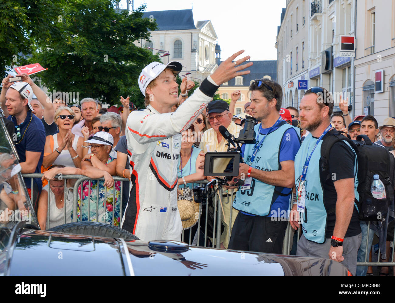 LE MANS, FRANCE - JUNE 16, 2017: Brendon Hartley driver of team of Porsche LMP 919 Hybrid during Parade of pilots racing Stock Photo