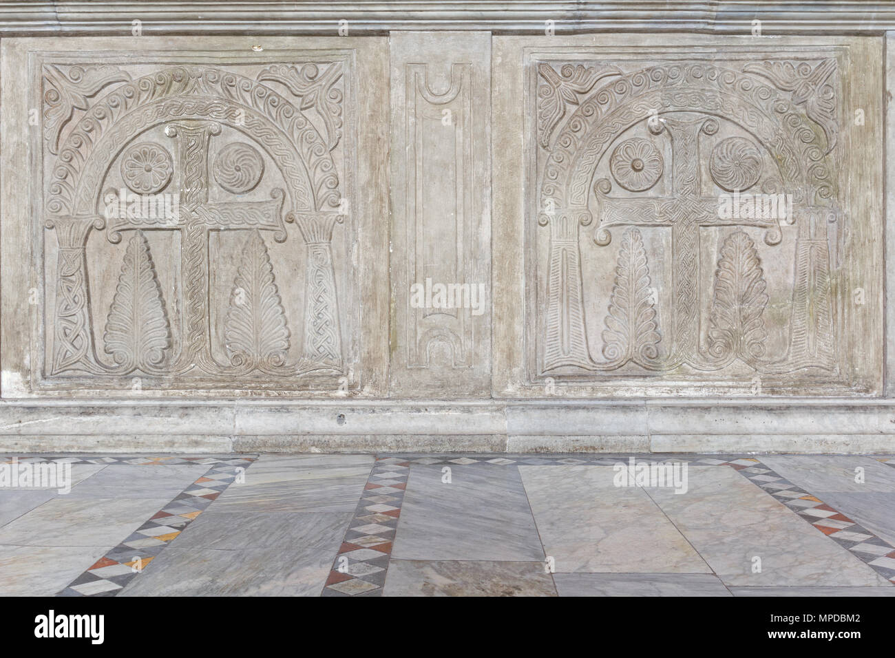 Longobard cross - Ninth century fragments incorporated in the Schola cantorum - Basilica of Santa Sabina - Rome Stock Photo