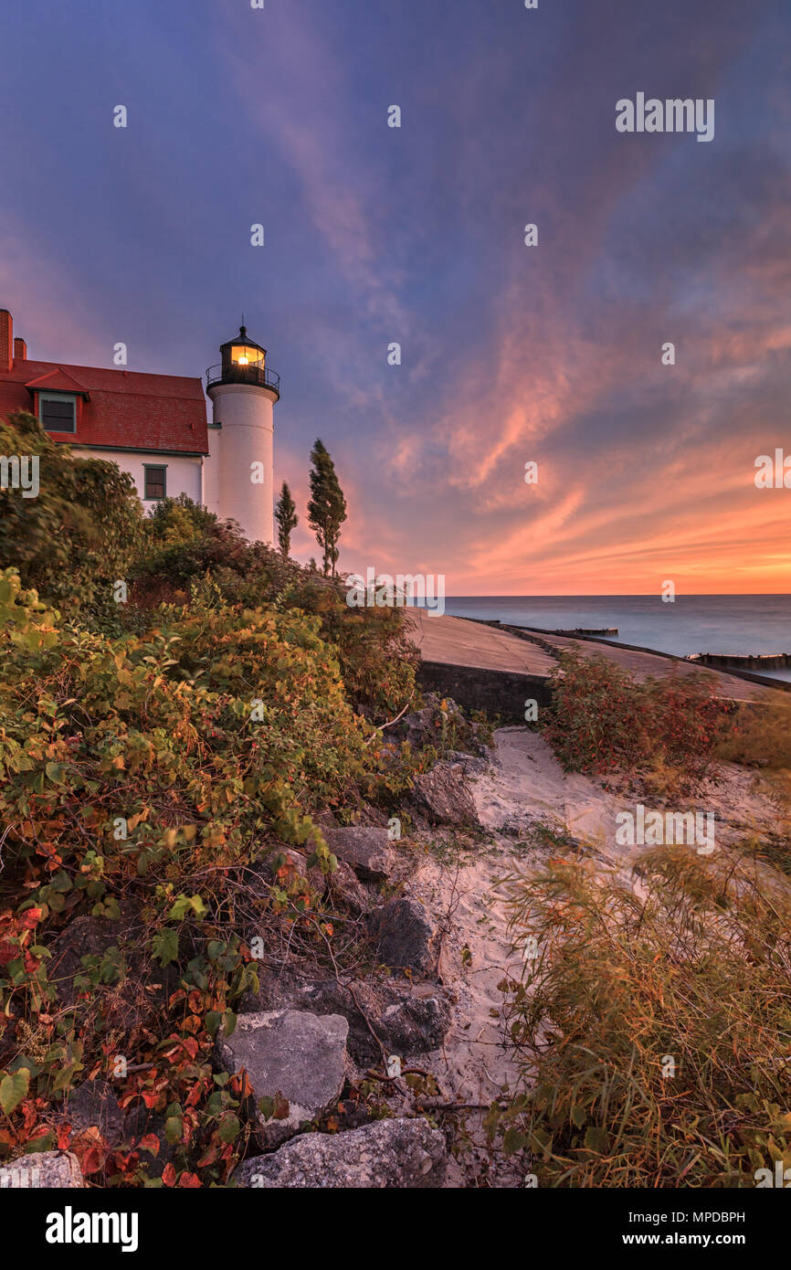 Lake Michigan sunset hues color Point Betsie Lighthouse, near Frankfort Michigan Stock Photo