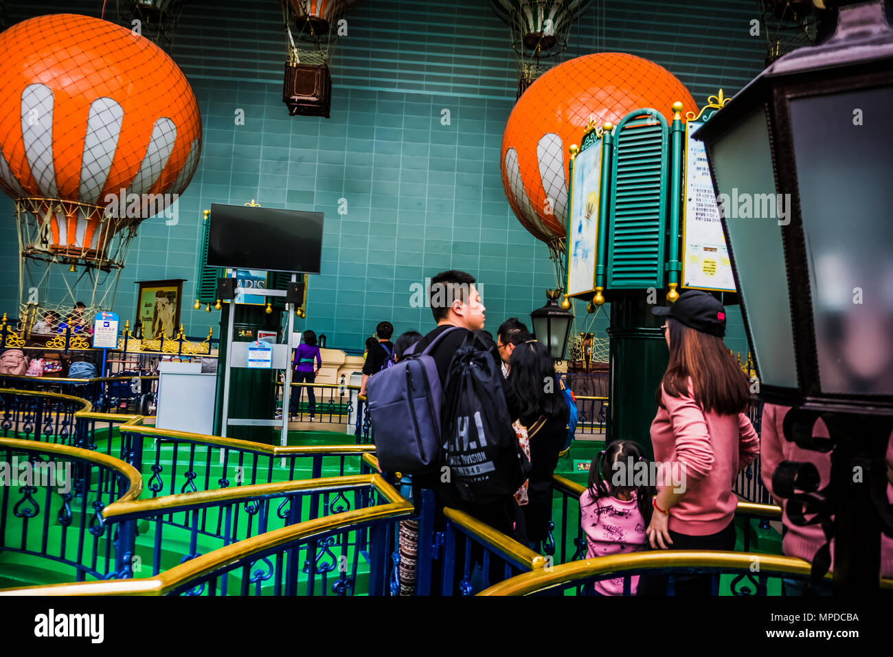 Seoul, South Korea - April 6, 2018: Aerial View of Lotte World Adventure theme park from Aeronauts Balloon Ride is a wonderful experience. Stock Photo