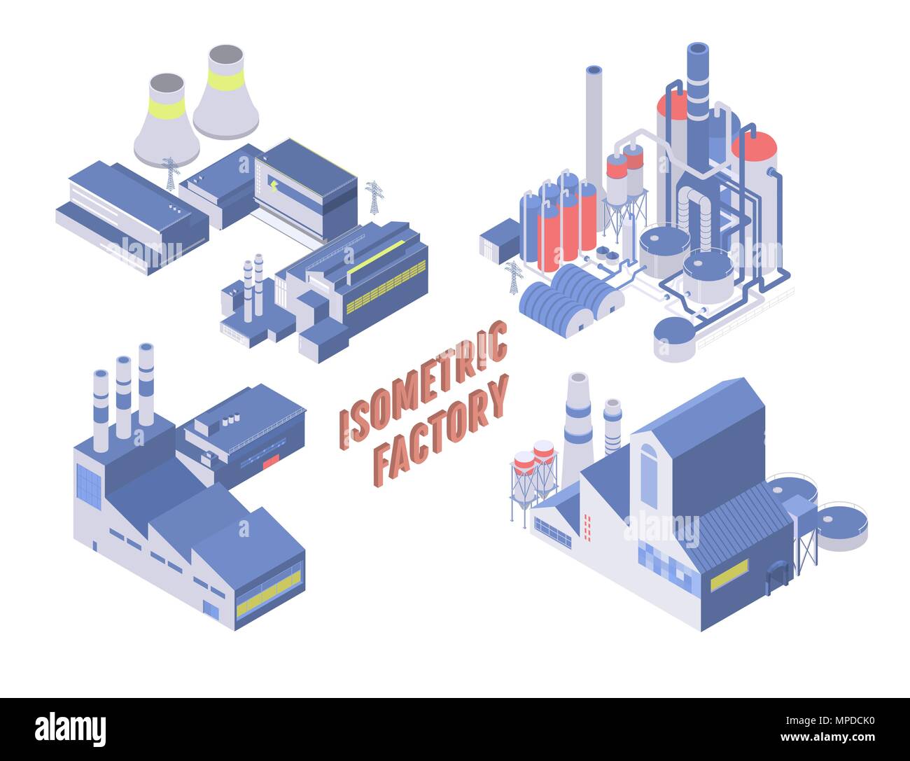 Set of four vector isometric industrial building, energy and chemical plant and other factories Stock Vector