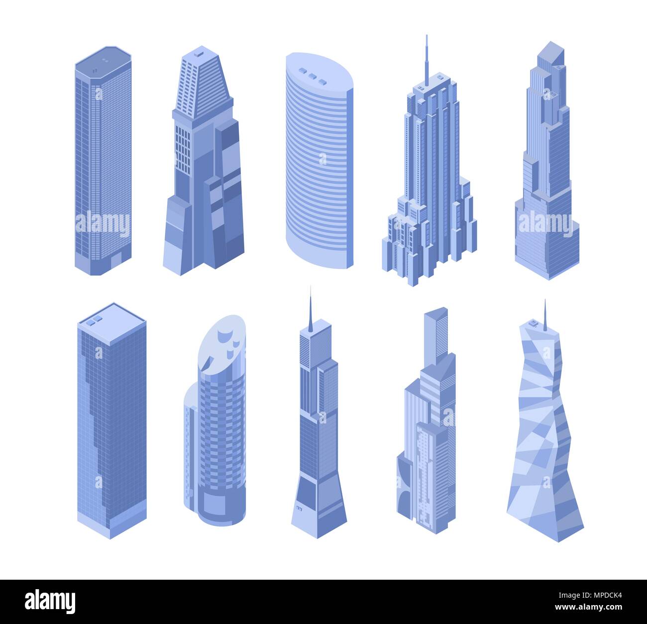 Set of ten vector isometric skyscrapers in shades of blue on a white background Stock Vector