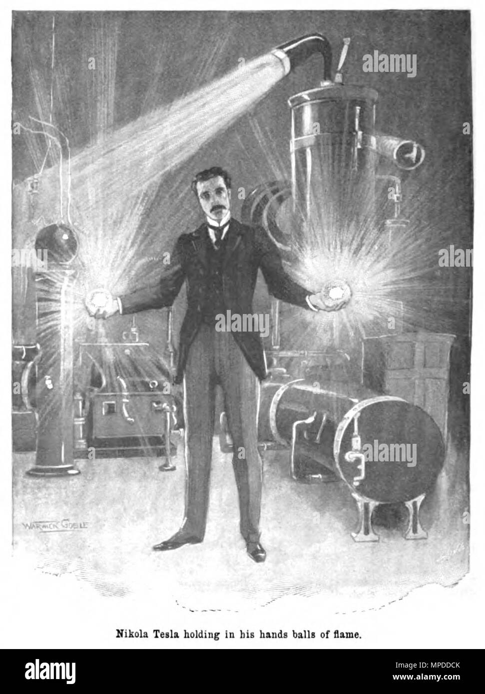 Nikola Tesla holding in his hands balls of flame Stock Photo