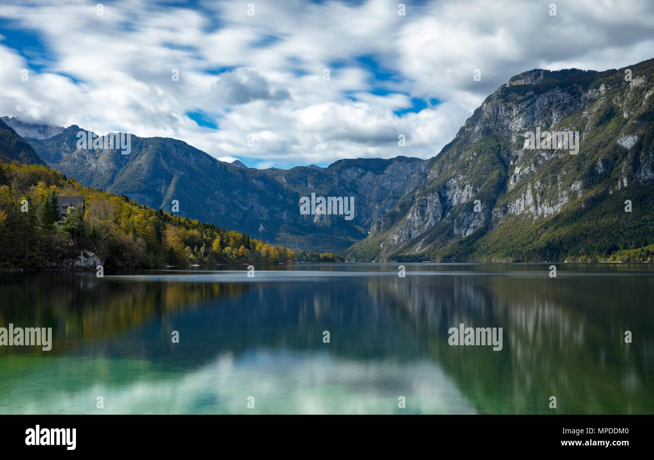 Julian Alps surrounding Lake Bohinj in Ribcev Laz, Upper Carniola, Slovenia Stock Photo