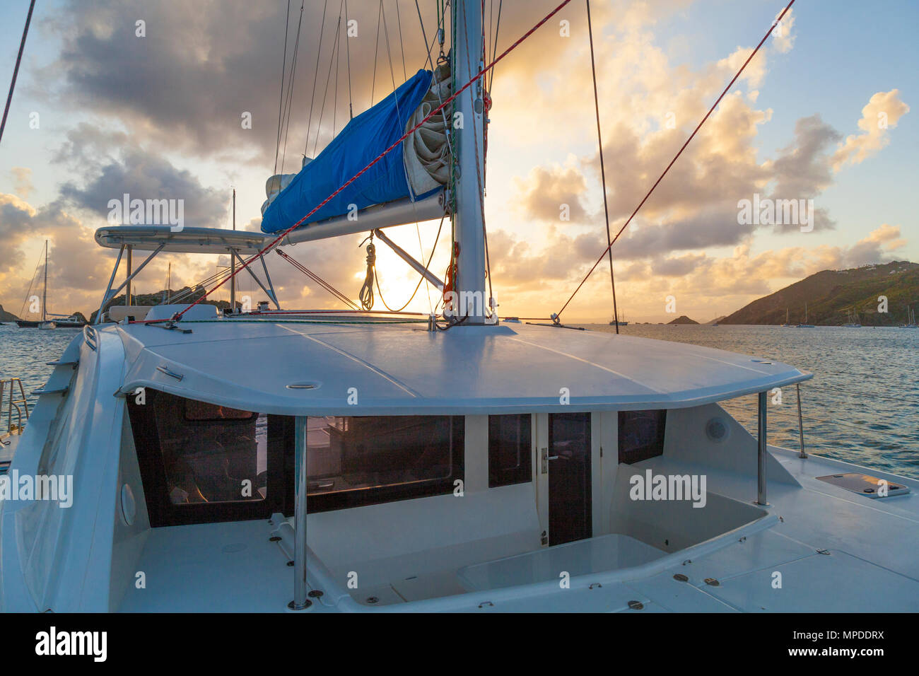 Aboard a Catamaran in Bay of Gustavia, Saint Barthelemy, St Barth’s French Caribbean Island Stock Photo