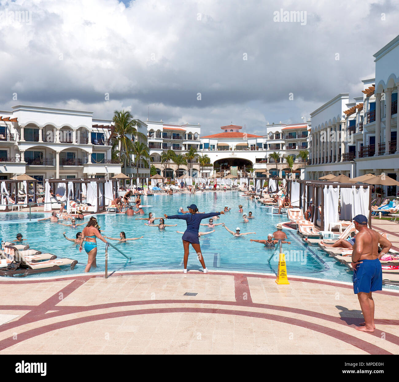 Pool Exercises, The Royal Playa Del Carmen adults only resort hotel, Playa del Carmen, Quintana Roo, Mexico Stock Photo