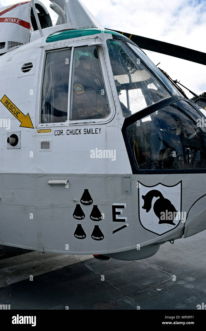 Apollo astronaut recovery decals on a Navy SH-3 Sea King  helicopter on the flight deck of the USS Midway Museum, San Diego, California Stock Photo