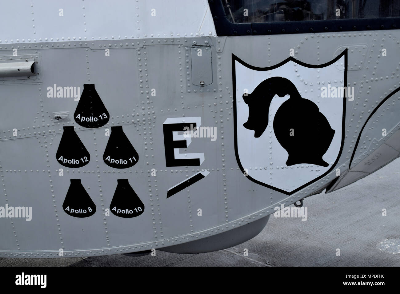 Apollo astronaut recovery decals on a Navy SH-3 Sea King  helicopter on the flight deck of the USS Midway Museum, San Diego, California Stock Photo
