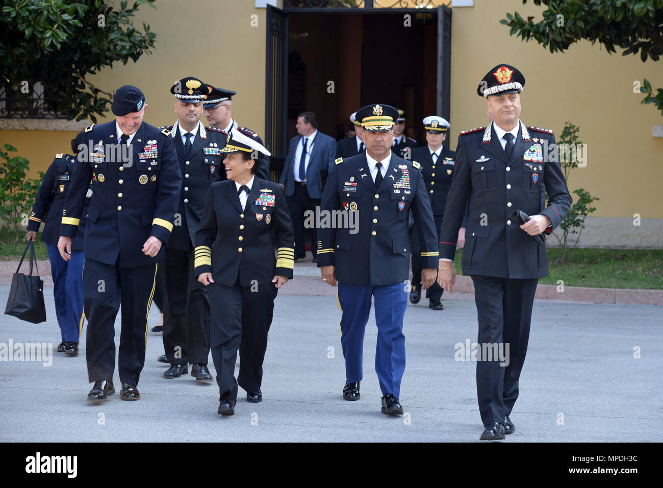 (From left) U.S. Army Africa Commanding General, Maj. Gen. Joseph P. Harrington, Admiral Michelle Howard, NATO JFC-Naples Commander, U.S. Army Col. Darius S. Gallegos, Center of Excellence for Stability Police Units (CoESPU) deputy director and Lt. Gen Vincenzo Coppola, deputy commander of the Carabinieri Corps, during the visit at the CoESPU Vicenza, April 10, 2017. Stock Photo