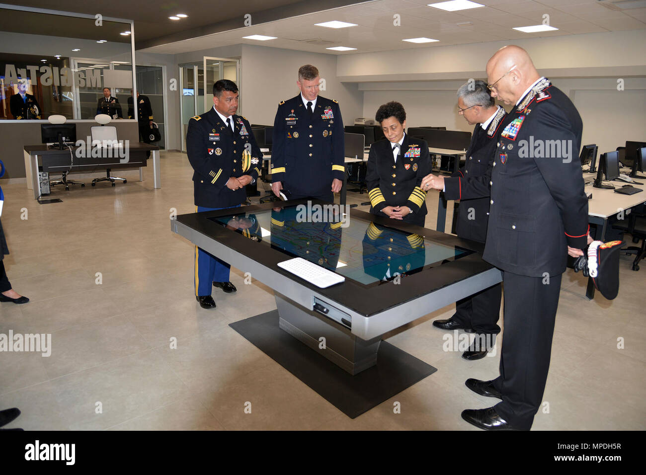 Admiral Michelle Howard, NATO JFC-Naples Commander, observes the room training area “Magistra” during the visit at the Center of Excellence for Stability Police Units (CoESPU) Vicenza, April 10, 2017. Stock Photo