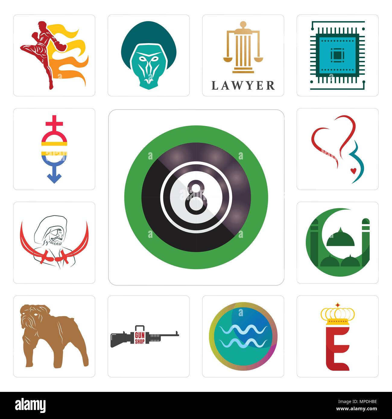Set Of 13 simple editable icons such as 8 ball pool, e crown, aquarius, gun shop, bulldog, masjid, pirate, gynecology, gender equality can be used for Stock Vector