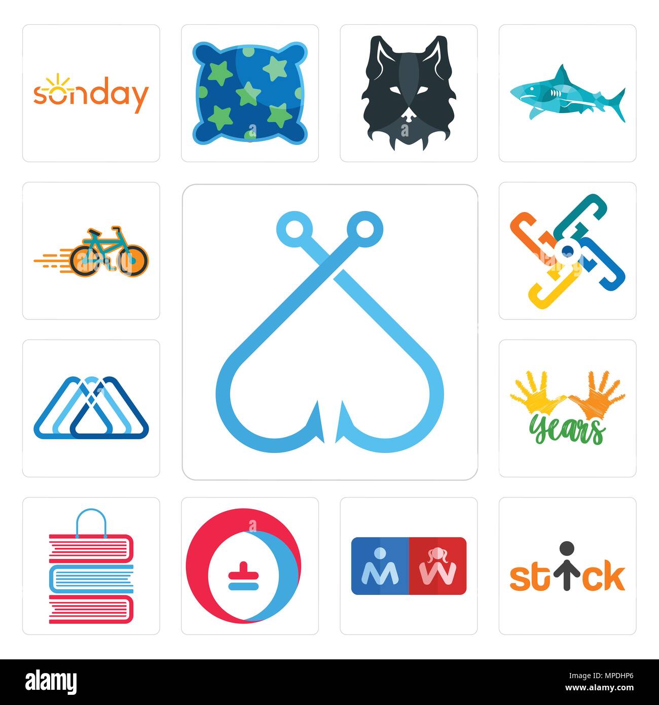 Set Of 13 simple editable icons such as fishing hook, stick figure