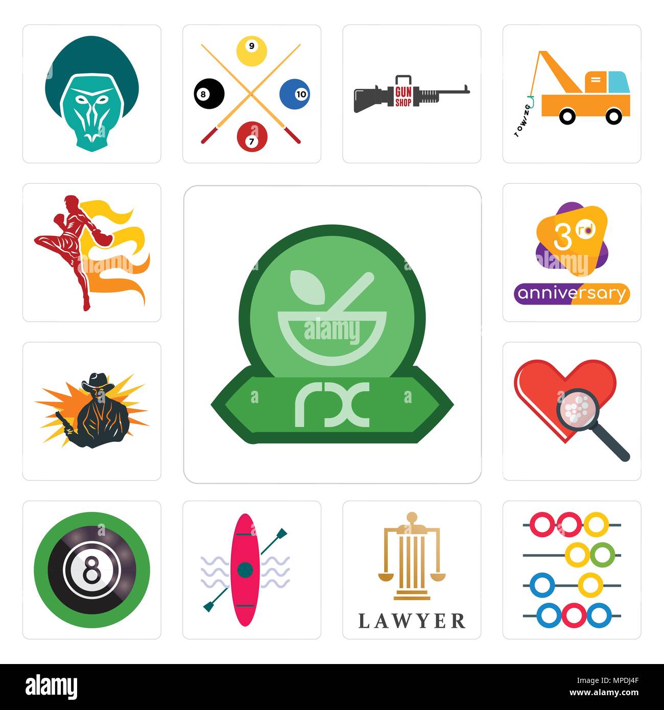 Set Of 13 simple editable icons such as pharmacy, abacus, lawyer, kayak, 8 ball pool, cholesterol, outlaw, 3rd anniversary, muay thai can be used for  Stock Vector