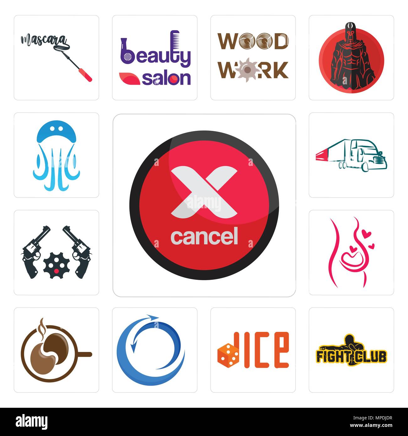 Set Of 13 simple editable icons such as cancel, fight club, dice, import export, coffe, pregnancy, revolver, truck company, jellyfish can be used for  Stock Vector