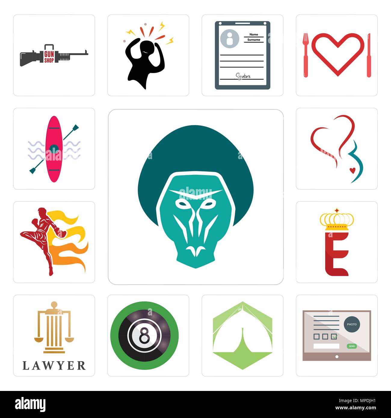 Set Of 13 simple editable icons such as baboon, online form, marquee, 8 ball pool, lawyer, e crown, muay thai, gynecology, kayak can be used for mobil Stock Vector