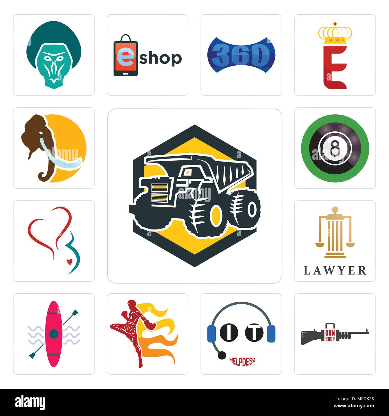Set Of 13 simple editable icons such as dump truck, gun shop, it helpdesk, muay thai, kayak, lawyer, gynecology, 8 ball pool, mammoth can be used for  Stock Vector