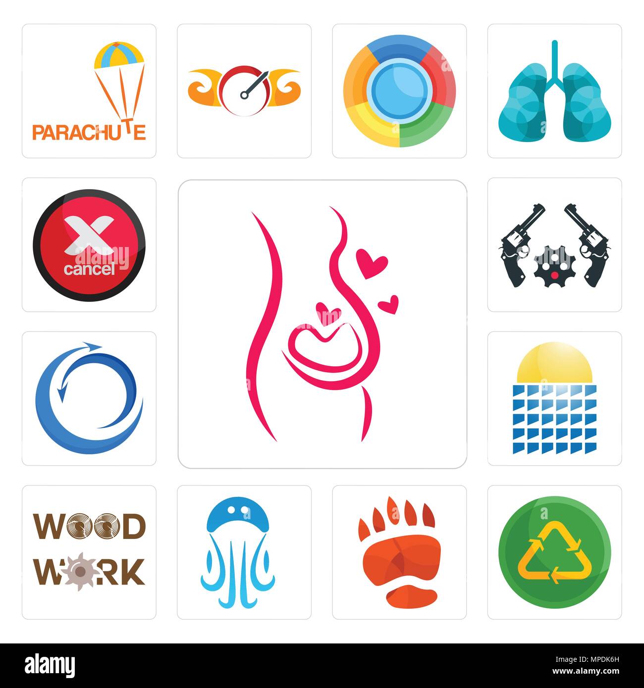 Set Of 13 simple editable icons such as pregnancy, recycle reuse uce, bear paw, jellyfish, woodwork, solar panel, import export, revolver, cancel can  Stock Vector
