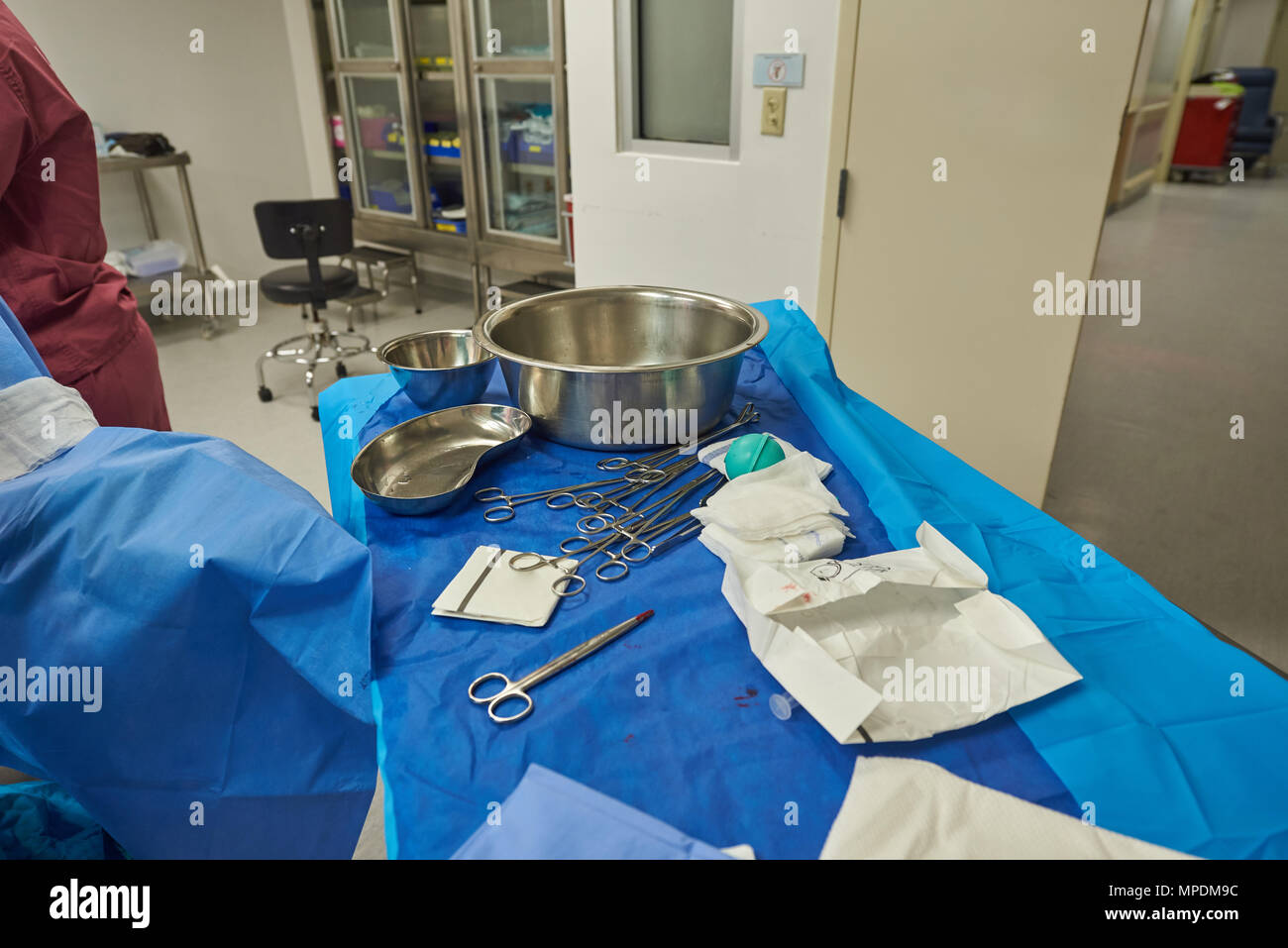 Clean surgery table with instruments on hospital background Stock Photo