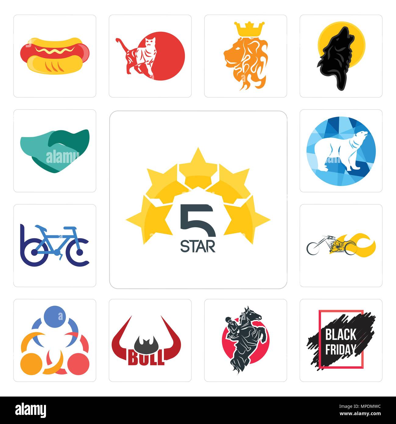 Set Of 13 simple editable icons such as 5 star, black friday sale, equestrian, bull horn, 3 people, chopper, bike club, polar, hand shaking can be use Stock Vector