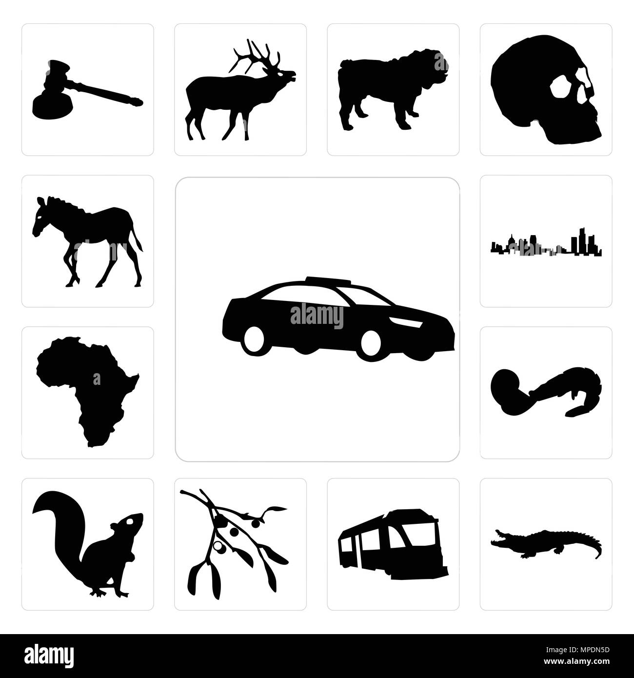 Set Of 13 simple editable icons such as police car outline on white background, alligator train images background can be used for mobile, web UI Stock Vector