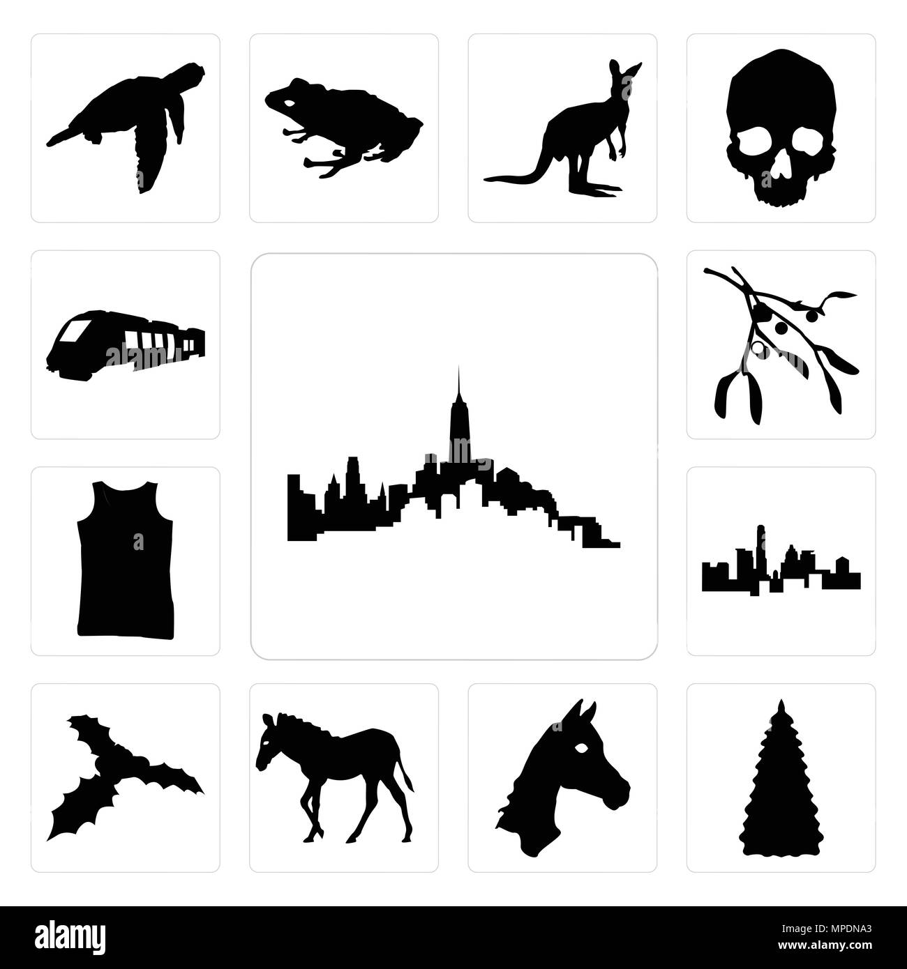 Set Of 13 simple editable icons such as outline of manhattan on white background, christmas tree images horse face background can be used for mobile,  Stock Vector