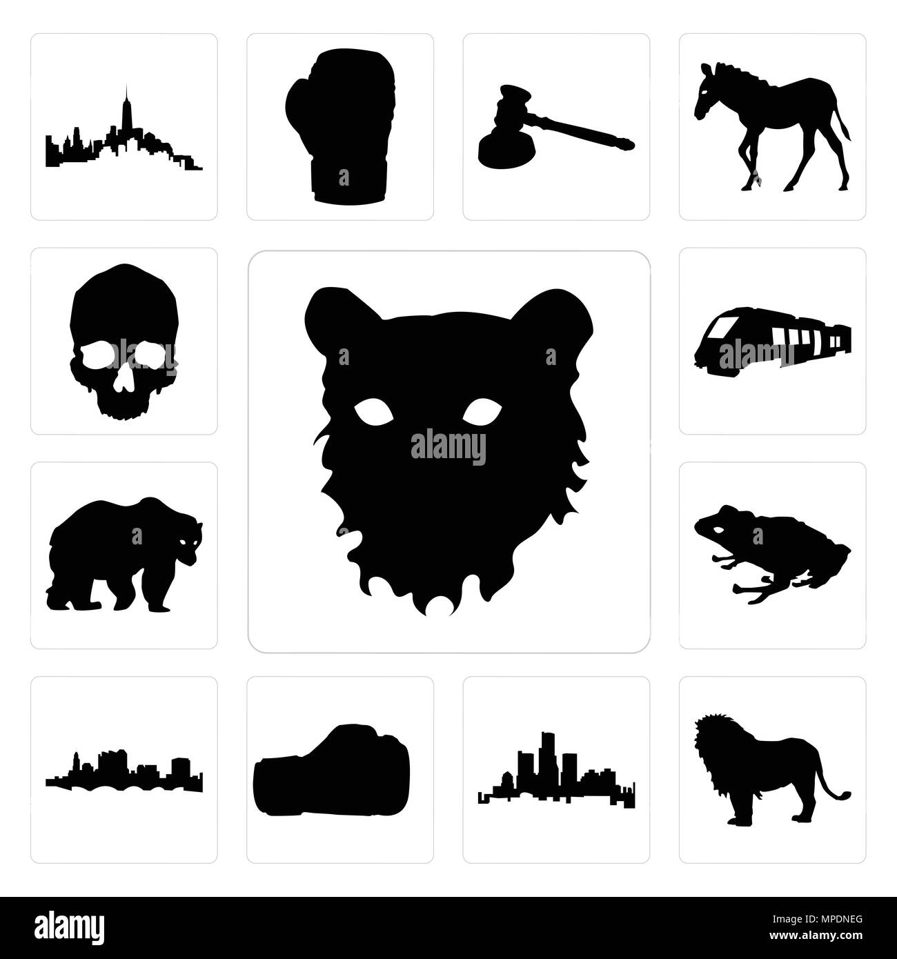 Set Of 13 simple editable icons such as tiger face outline on white background, lion images michigan state background can be used for mobile, web UI Stock Vector